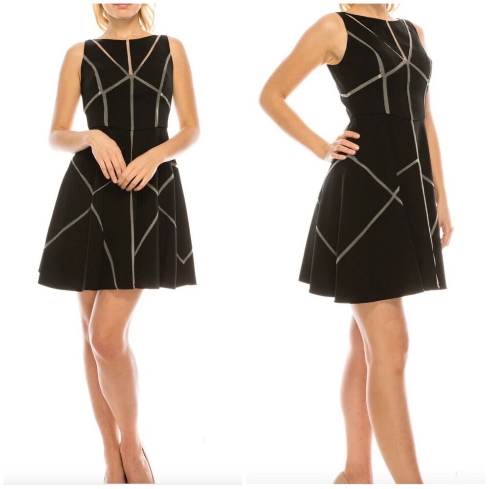 Aidan Mattox Boat Neck Sleeveless Zipper Back Twill & Mesh Dress 2 XS